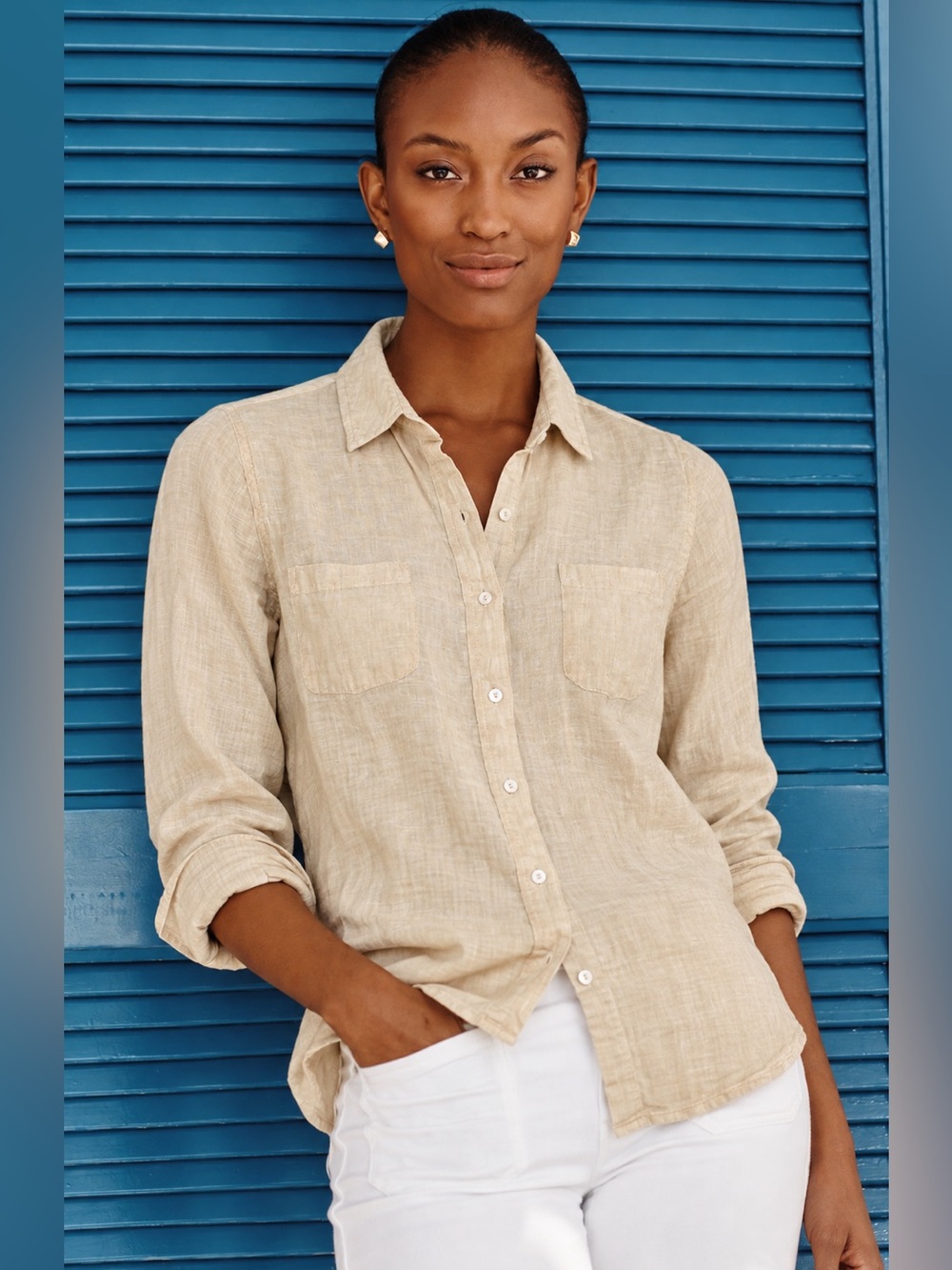 Lilly Pulitzer 100% Linen Tan Button-Down Shirt – Size Small Long Sleeve 705